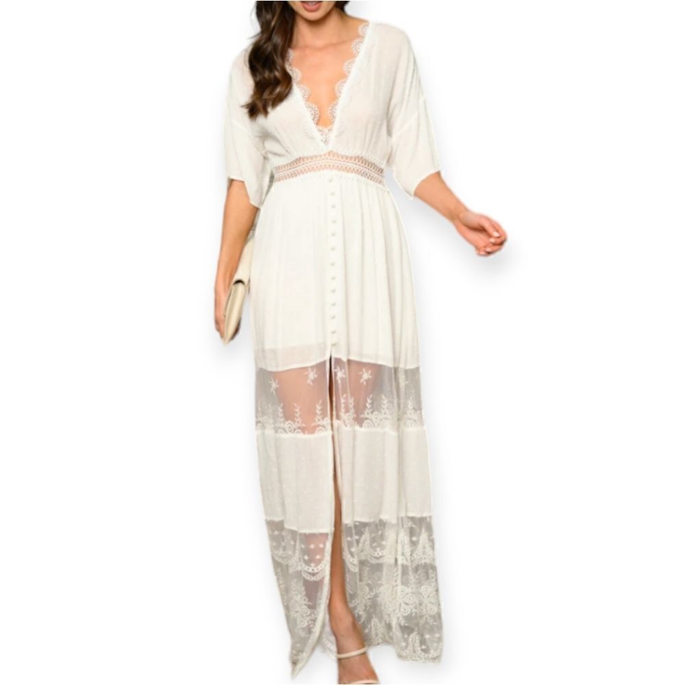 Boho Lace-Trim Cream Maxi Dress with Crochet Waist - Picture 14 of 14